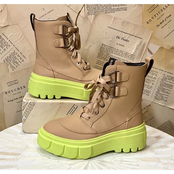Anthropologie Sorel Caribou Boot Lace Up Beige Tan Leather Lime Rubber - Picture 4 of 11
